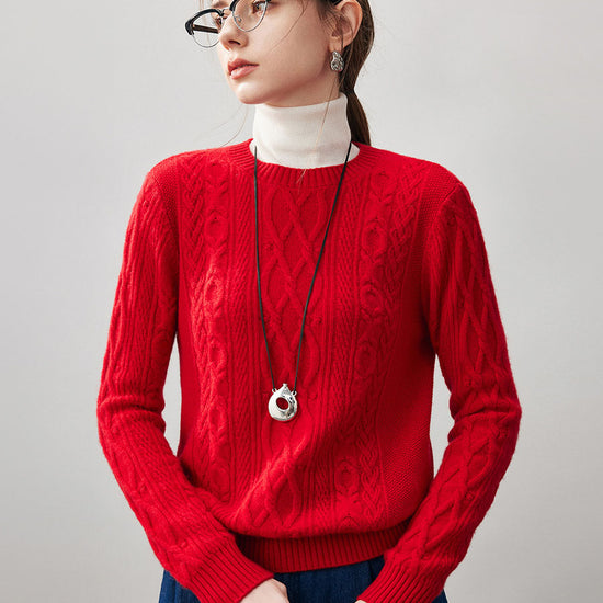 COMOBOCA Red 100% Cashmere Women's Cable Round Neck Knit Sweater