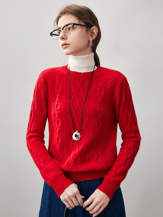 COMOBOCA Red 100% Cashmere Women's Cable Round Neck Knit Sweater