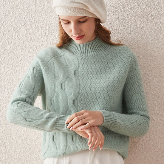 COMOBOCA LIGHT GREEN 100% Cashmere Women's Mock Neck Knit Sweater