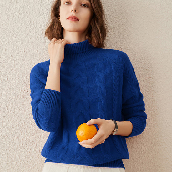 COMOBOCA 100% Cashmere Women's Turtleneck Cable Knit Sweater
