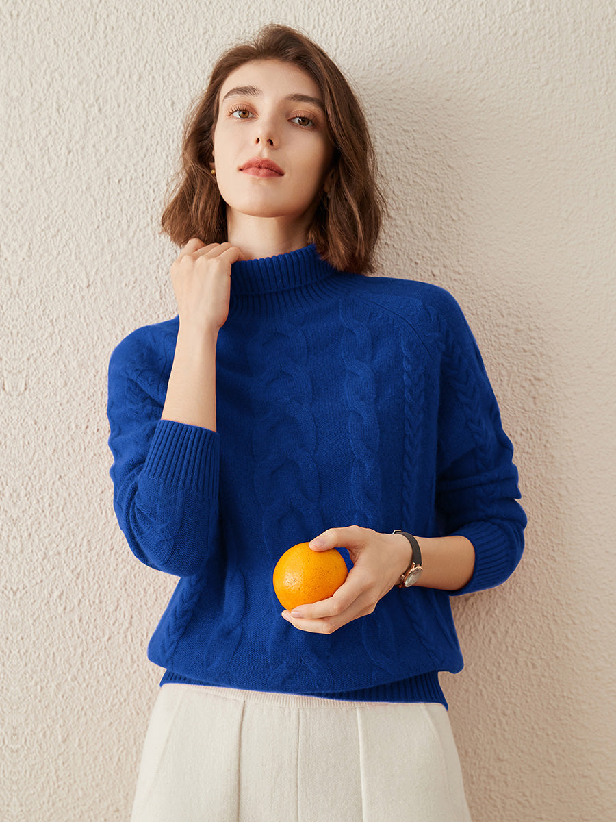 COMOBOCA 100% Cashmere Women's Turtleneck Cable Knit Sweater