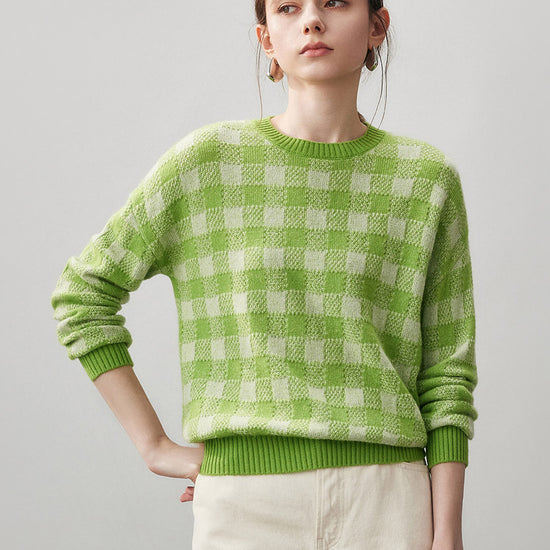 COMOBOCA Green 100% Cashmere Women's Checkered Round Neck Sweater