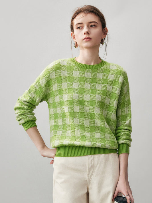 COMOBOCA Green 100% Cashmere Women's Checkered Round Neck Sweater