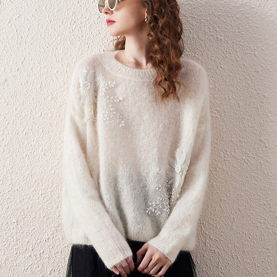 COMOBOCA Women's Mohair Embroidered Floral Sweater