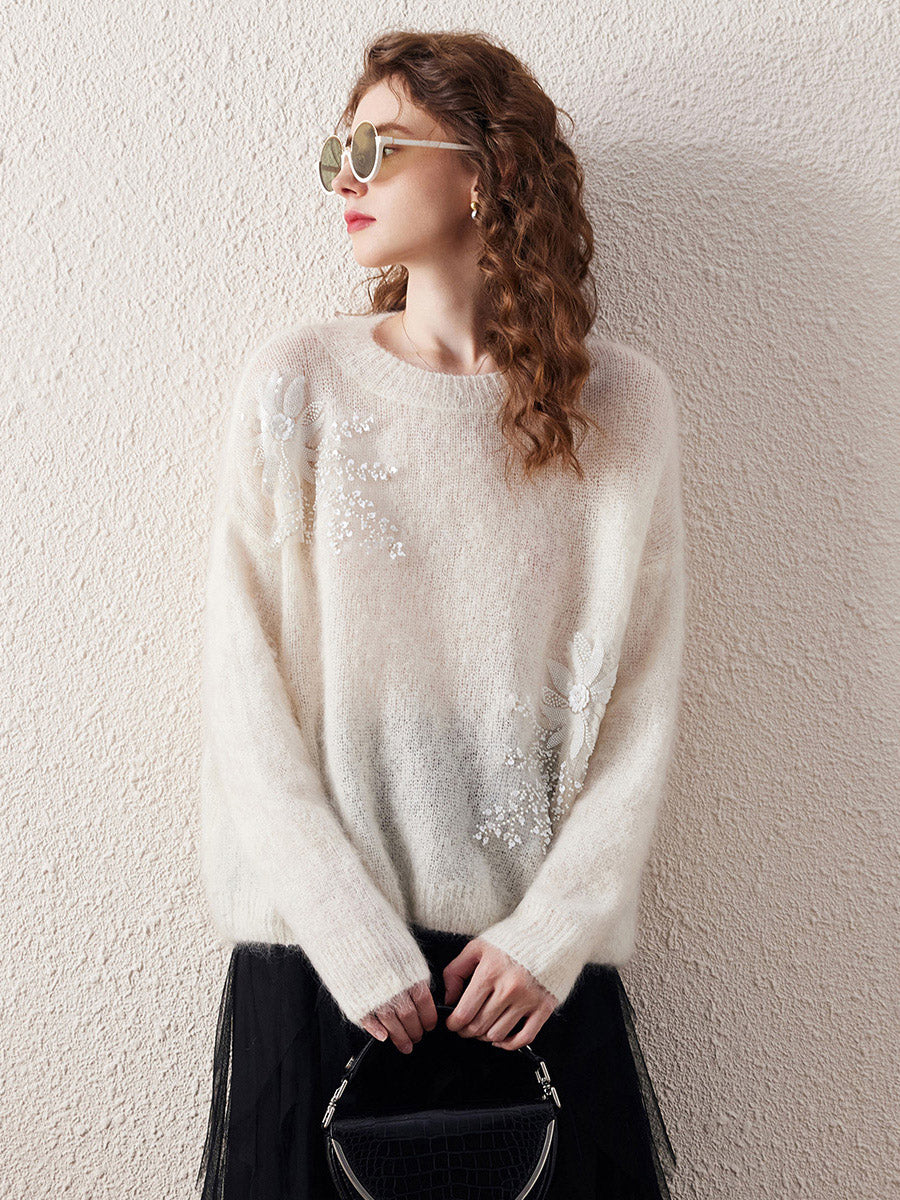 COMOBOCA Women's Mohair Embroidered Floral Sweater