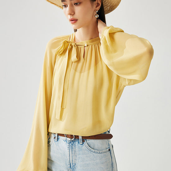 COMOBOCA 100% Mulberry Silk Women's Bow Tie Blouse