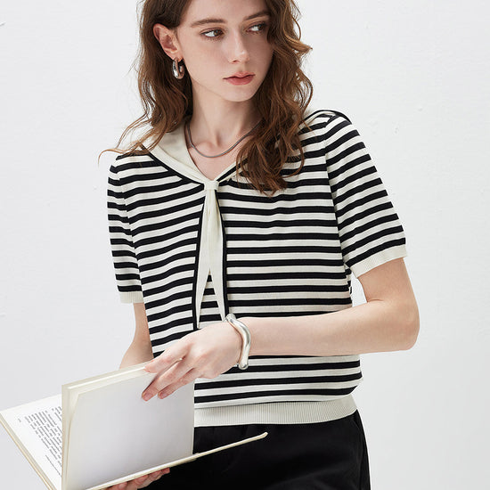 COMOBOCA Women's Striped Sailor Collar Knit Top