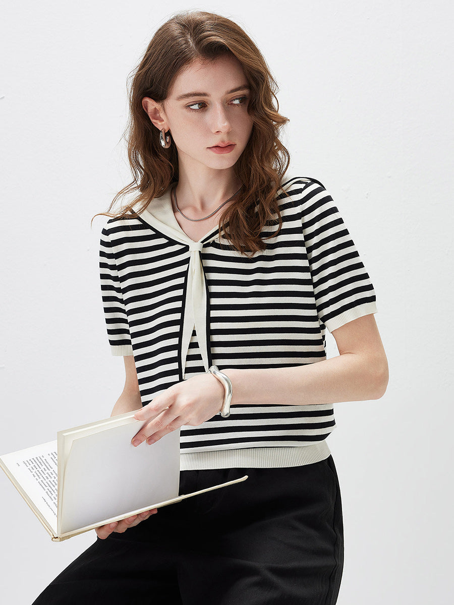 COMOBOCA Women's Striped Sailor Collar Knit Top