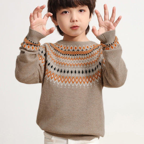 COMOBOCA BROWN 100% Wool Kids' Fair Isle Round Neck Sweater