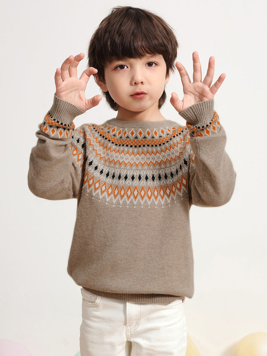 COMOBOCA BROWN 100% Wool Kids' Fair Isle Round Neck Sweater