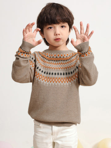 COMOBOCA BROWN 100% Wool Kids' Fair Isle Round Neck Sweater
