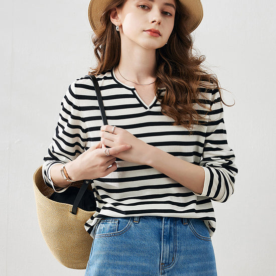 COMOBOCA Black Women's Striped Long Sleeve V-Neck T-Shirt