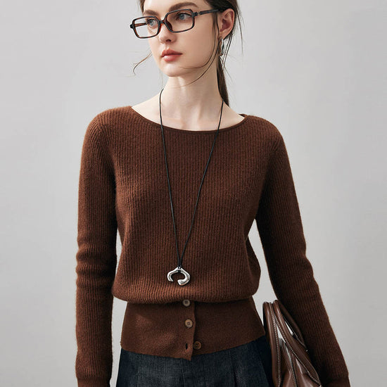 COMOBOCA 100% Cashmere Women's Round Neck Button Ribbed Knit Sweater