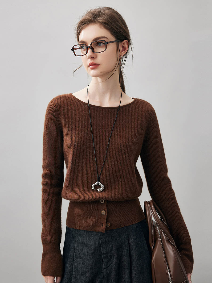 COMOBOCA 100% Cashmere Women's Round Neck Button Ribbed Knit Sweater