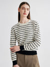 COMOBOCA White 100% Cashmere Women's Striped Round Neck Knit Sweater