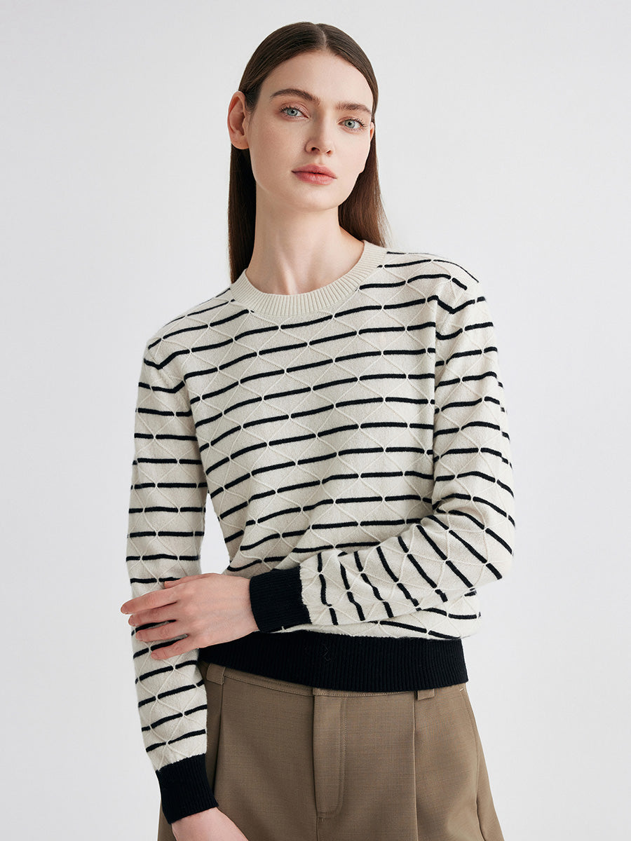 COMOBOCA White 100% Cashmere Women's Striped Round Neck Knit Sweater