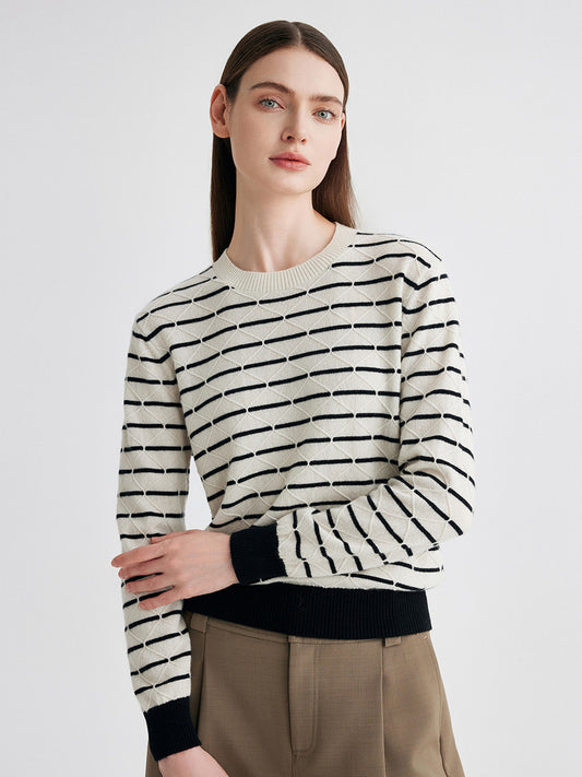 COMOBOCA White 100% Cashmere Women's Striped Round Neck Knit Sweater