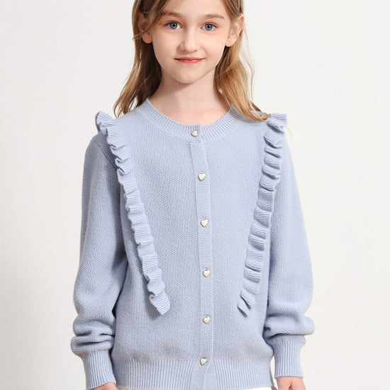 COMOBOCA LIGHT BLUE 100% Wool Kids' Round Neck Heart Button Cardigan