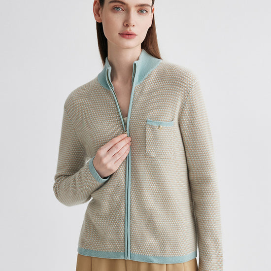 COMOBOCA 100% Cashmere Women's Textured Knit Zip Up Cardigan