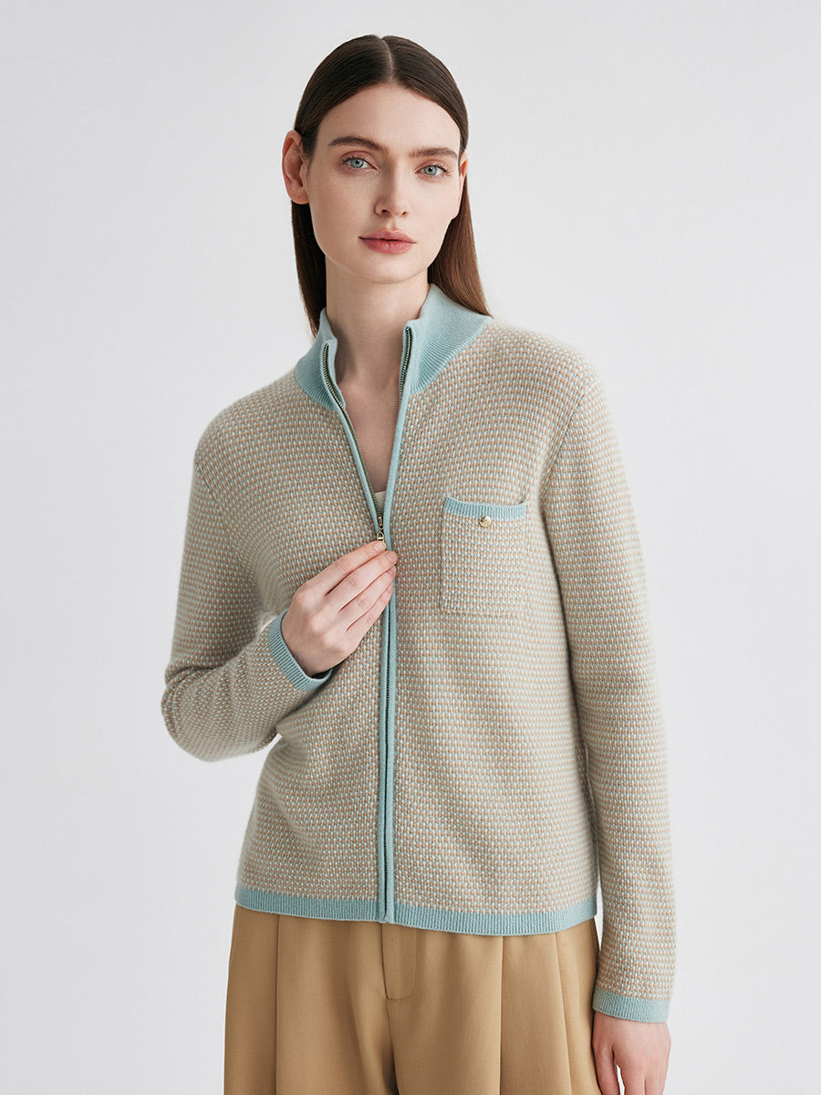 COMOBOCA 100% Cashmere Women's Textured Knit Zip Up Cardigan