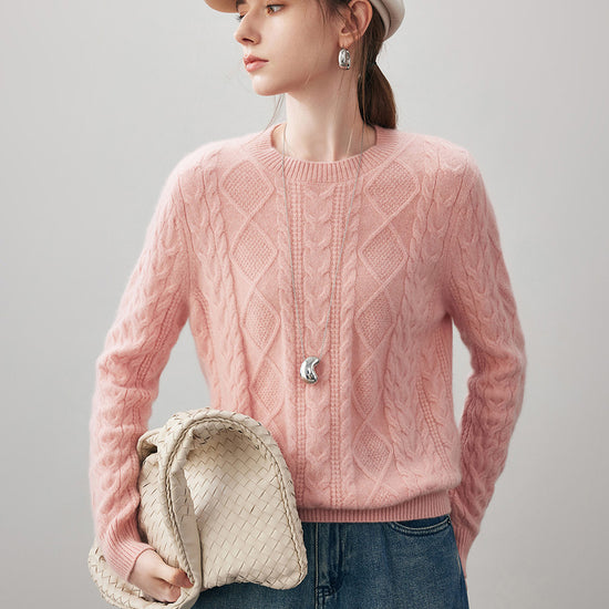 COMOBOCA 100% Cashmere Women's Cable Round Neck Knit Sweater