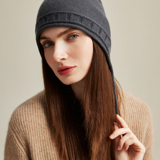 COMOBOCA 100% Cashmere Women's Knit Beanie with Ties