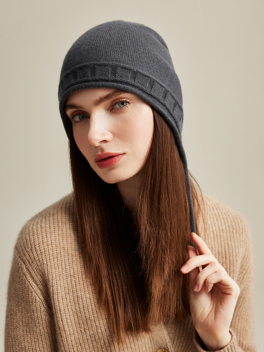COMOBOCA 100% Cashmere Women's Knit Beanie with Ties