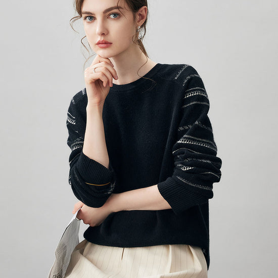 COMOBOCA 100% Cashmere Women's Striped Sleeve Round Neck Sweater