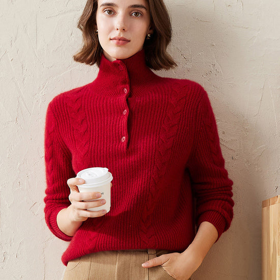 COMOBOCA Red 100% Cashmere Women's Button Neck Cable Knit Sweater