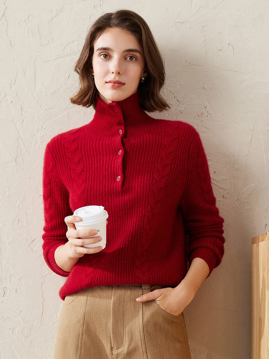 COMOBOCA Red 100% Cashmere Women's Button Neck Cable Knit Sweater