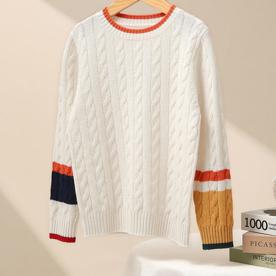 COMOBOCA 100% Wool Kids' Cable Knit Sweater with Color Block Detail