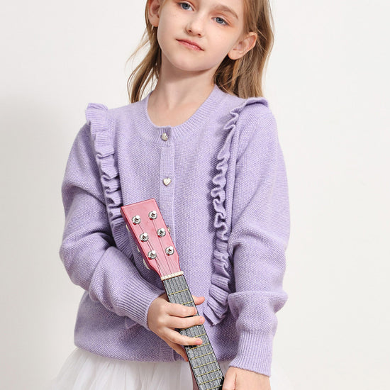 COMOBOCA PURPLE 100% Wool Kids' Round Neck Heart Button Cardigan