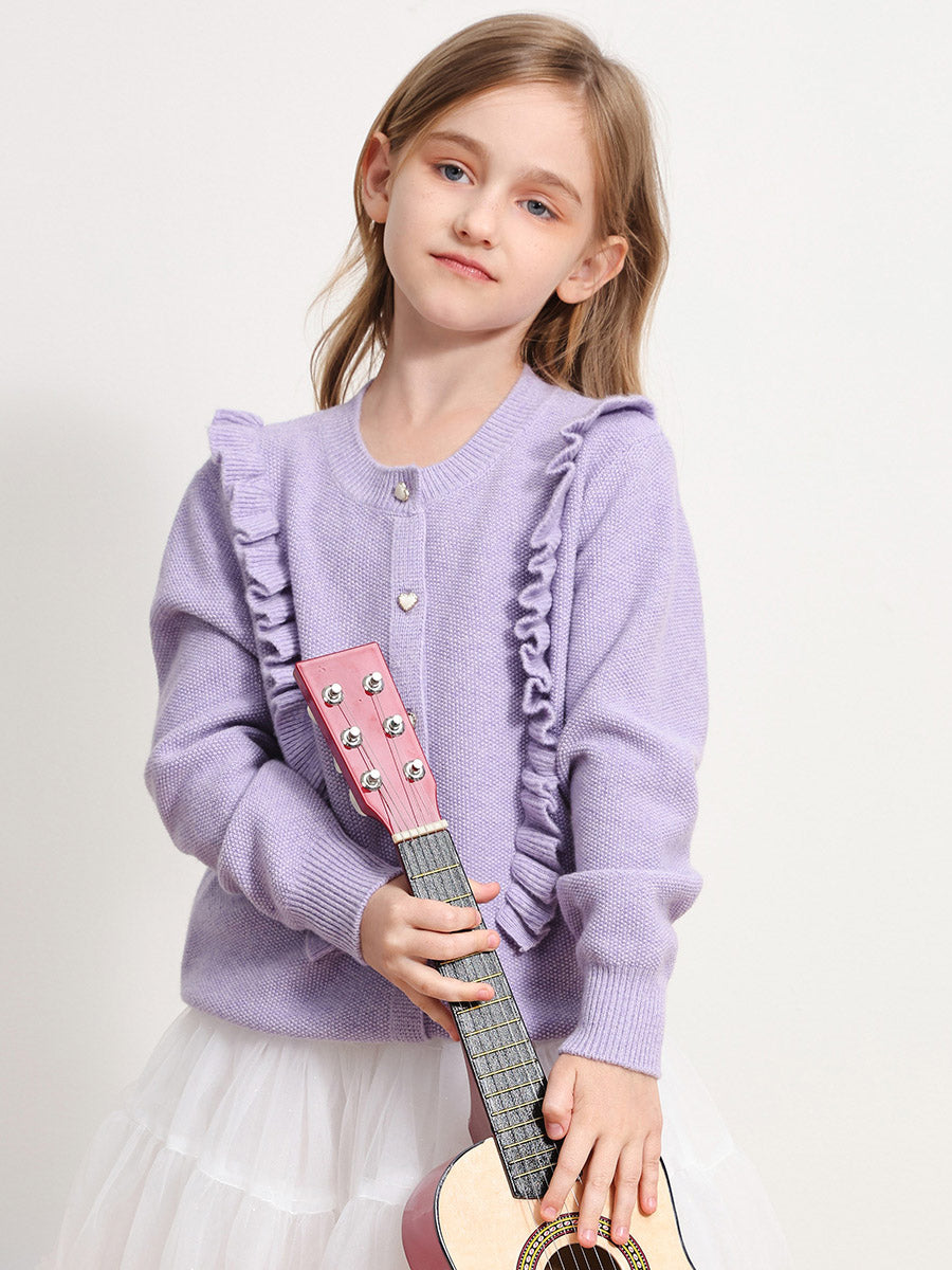 COMOBOCA PURPLE 100% Wool Kids' Round Neck Heart Button Cardigan