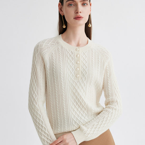 COMOBOCA 100% Cashmere Women's Cable Knit Button Front Sweater