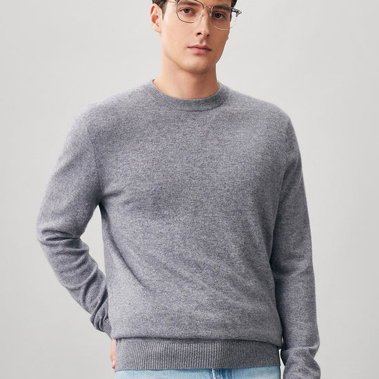 COMOBOCA LIGHT GRAY 100% Cashmere Men's Ribbed Round Neck Knit Sweater