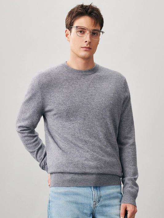 COMOBOCA LIGHT GRAY 100% Cashmere Men's Ribbed Round Neck Knit Sweater