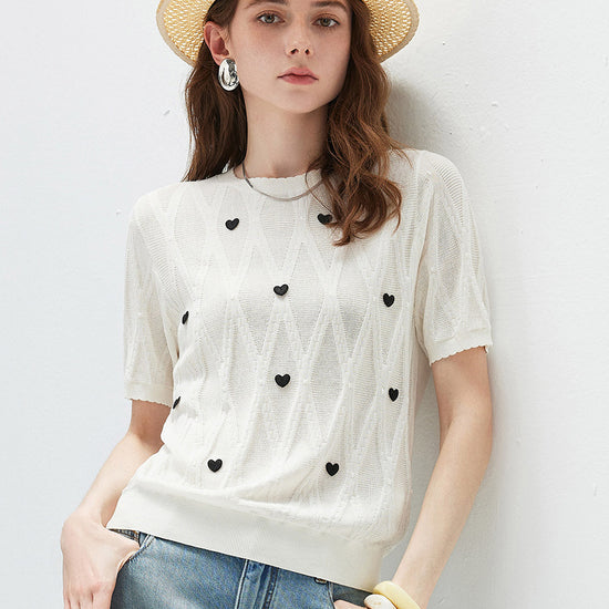 COMOBOCA Women's Heart Appliques Diamond Knit Top