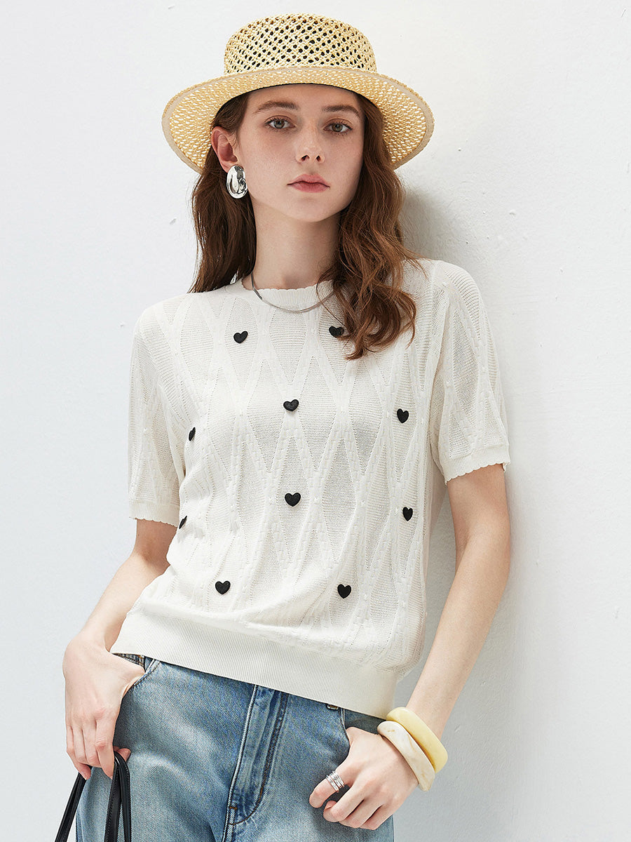 COMOBOCA Women's Heart Appliques Diamond Knit Top