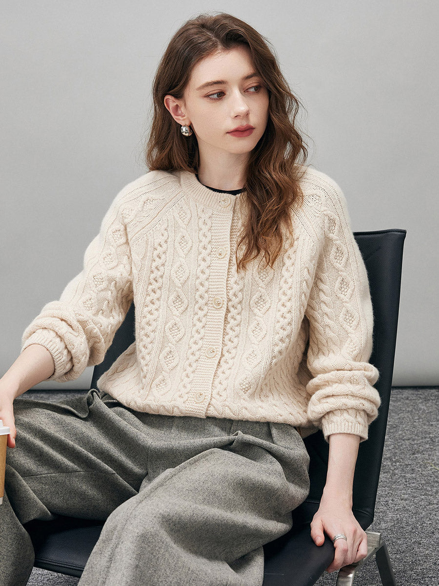 COMOBOCA 100% Wool Women's Cable Knit Button Cardigan