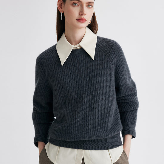 COMOBOCA Charcoal 100% Cashmere Women's Ribbed Round Neck Sweater