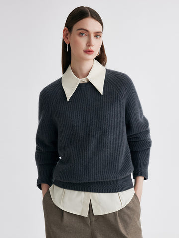 COMOBOCA Charcoal 100% Cashmere Women's Ribbed Round Neck Sweater