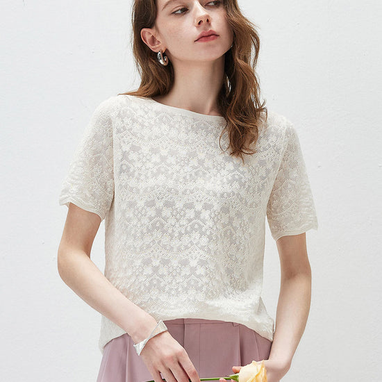 COMOBOCA Cloudy Women's Sheer Floral Lace Knit T-Shirt