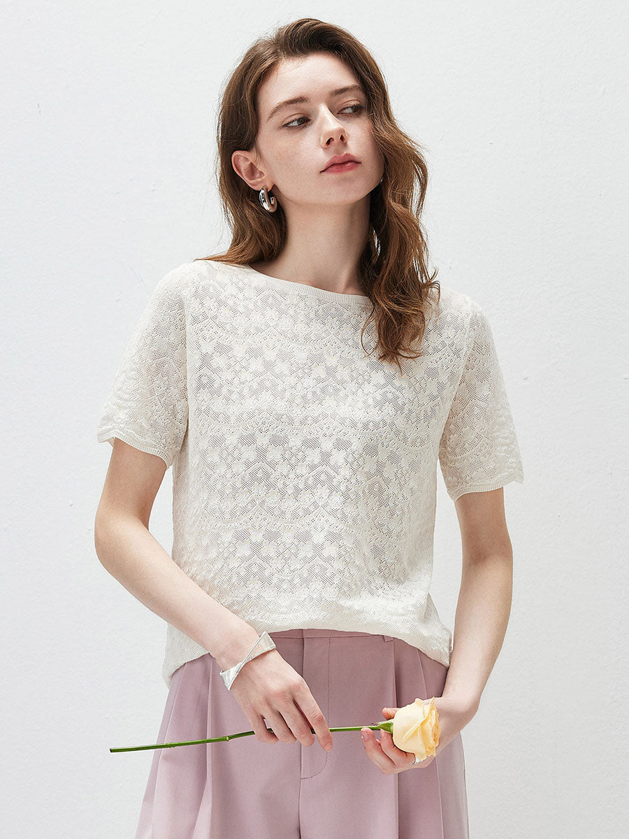 COMOBOCA Cloudy Women's Sheer Floral Lace Knit T-Shirt