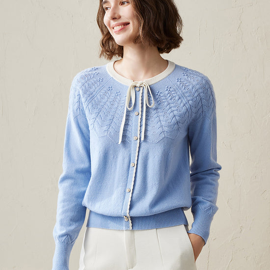 COMOBOCA Light Blue 100% Cashmere Women's Faux Cardigan Sweater with Bow Tie