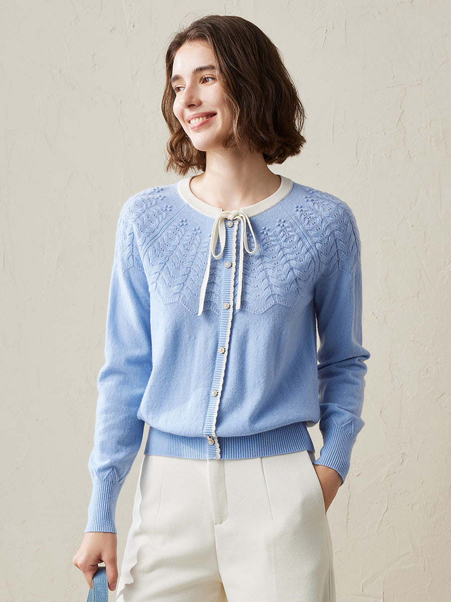 COMOBOCA Light Blue 100% Cashmere Women's Faux Cardigan Sweater with Bow Tie