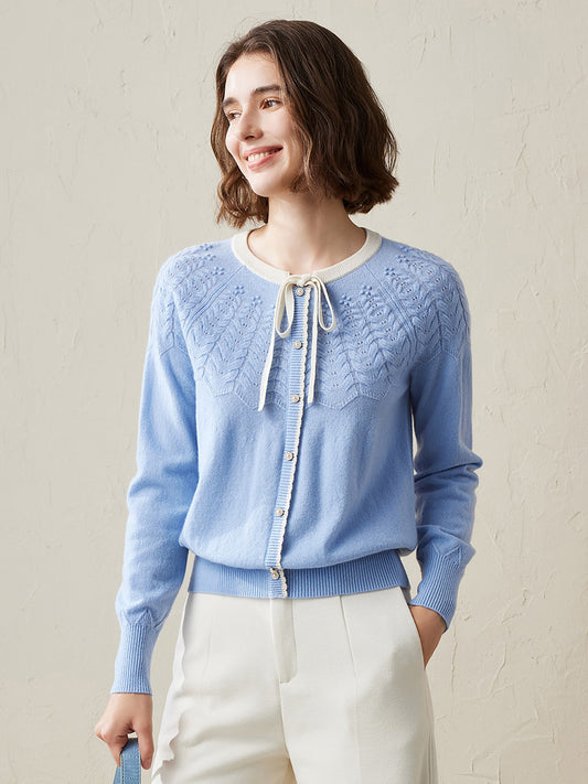 COMOBOCA Light Blue 100% Cashmere Women's Faux Cardigan Sweater with Bow Tie