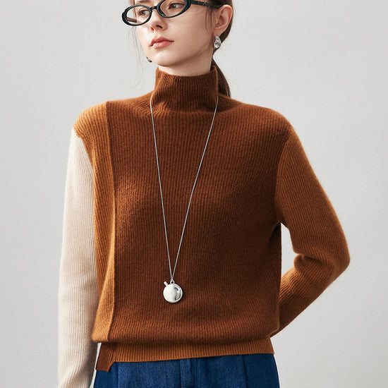 COMOBOCA Brown 100% Cashmere Women's Color Block Turtleneck Sweater