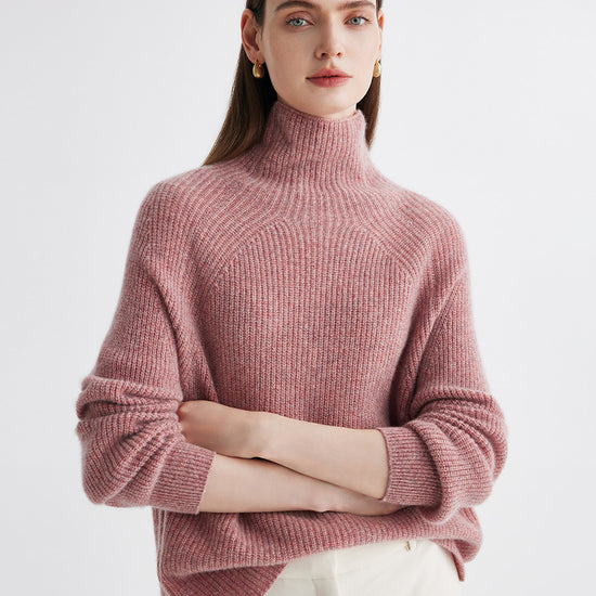 COMOBOCA Light Pink 100% Cashmere Women's Ribbed Turtleneck Sweater