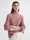 COMOBOCA Light Pink 100% Cashmere Women's Ribbed Turtleneck Sweater