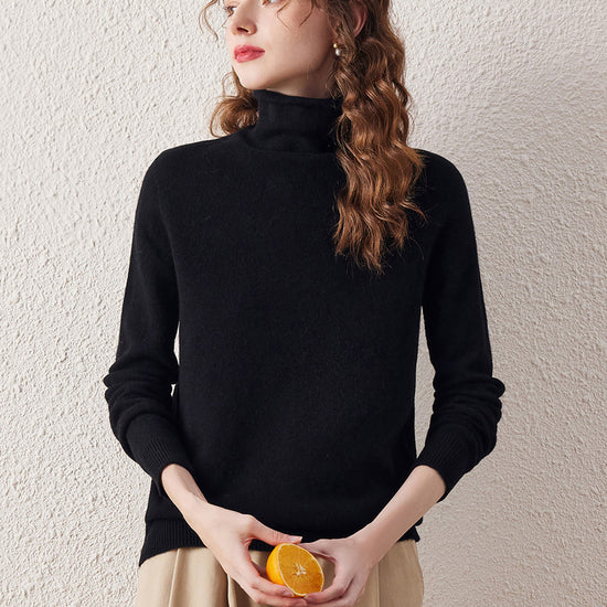 COMOBOCA BLACK 100% Wool Women's Ribbed Turtleneck Sweater